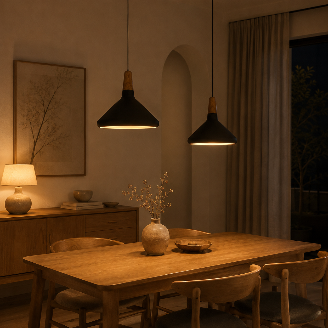 Scandi Wood Tone Top Cone Pendant Light Aluminium LED Ceiling Light | Ormexis