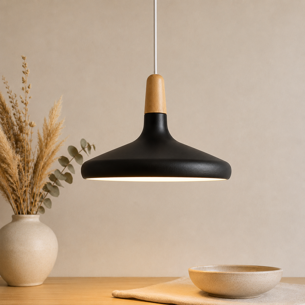 Scandi Wood Tone Top Cone Pendant Light Aluminium LED Ceiling Light | Ormexis