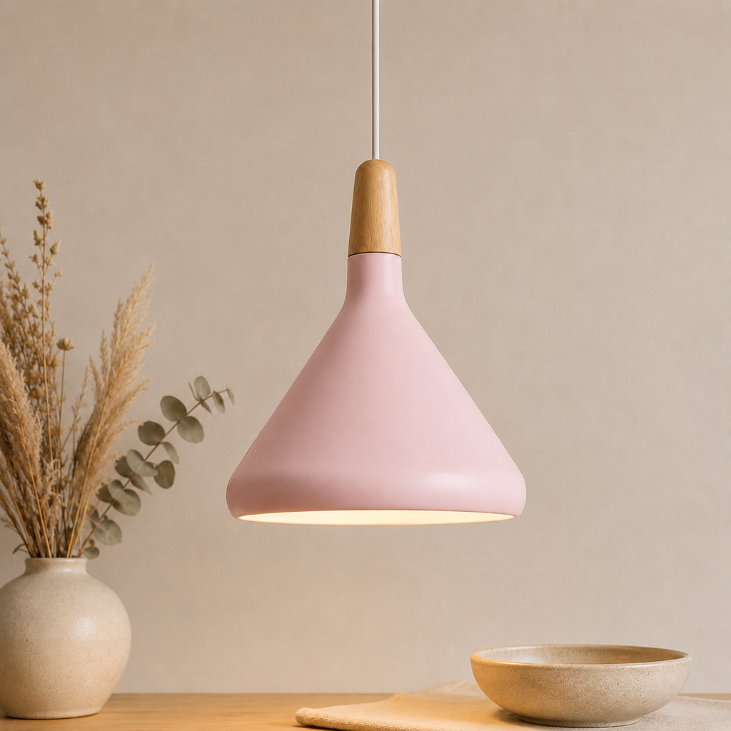 Scandi Wood Tone Top Cone Pendant Light Aluminium LED Ceiling Light | Ormexis