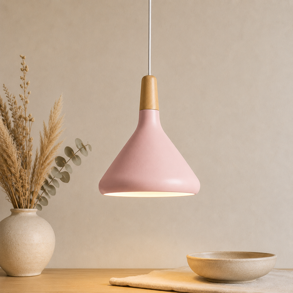 Scandi Wood Tone Top Cone Pendant Light Aluminium LED Ceiling Light | Ormexis