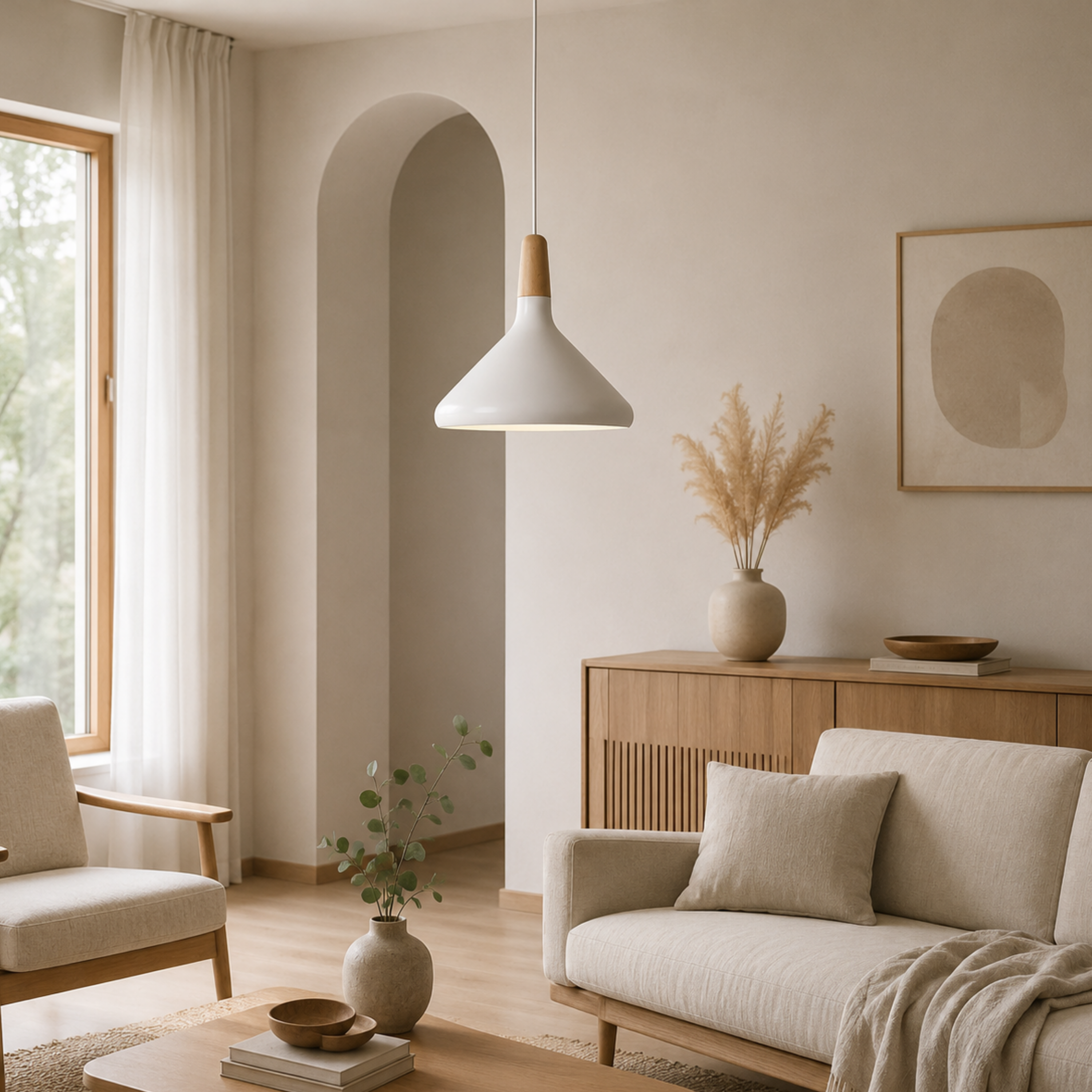 Scandi Wood Tone Top Cone Pendant Light Aluminium LED Ceiling Light | Ormexis