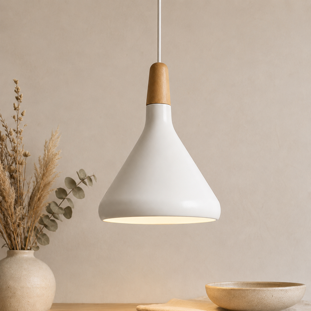 Scandi Wood Tone Top Cone Pendant Light Aluminium LED Ceiling Light | Ormexis