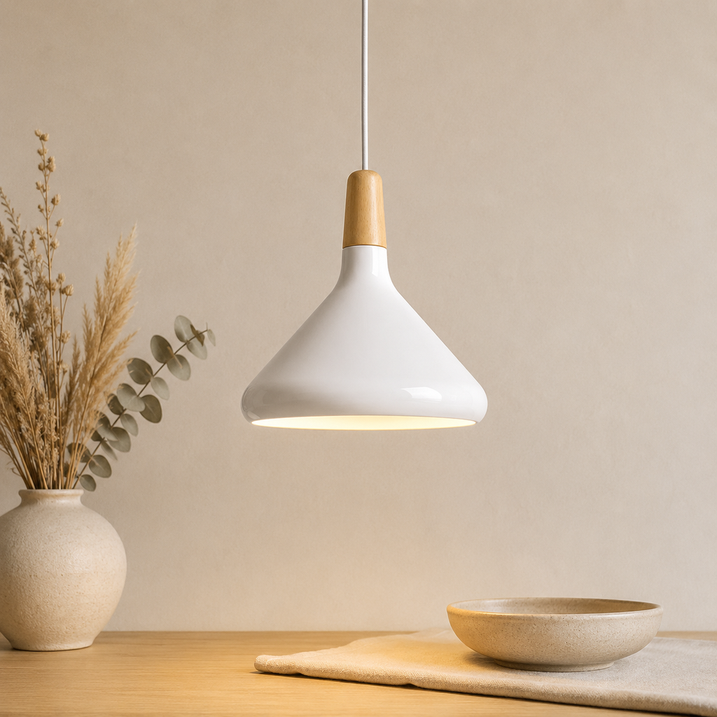Scandi Wood Tone Top Cone Pendant Light Aluminium LED Ceiling Light | Ormexis