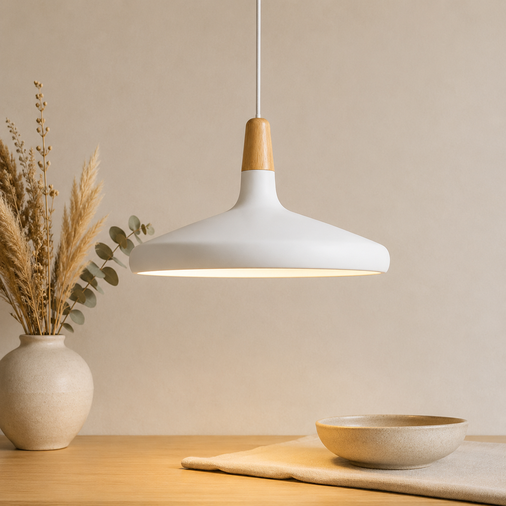 Scandi Wood Tone Top Cone Pendant Light Aluminium LED Ceiling Light | Ormexis