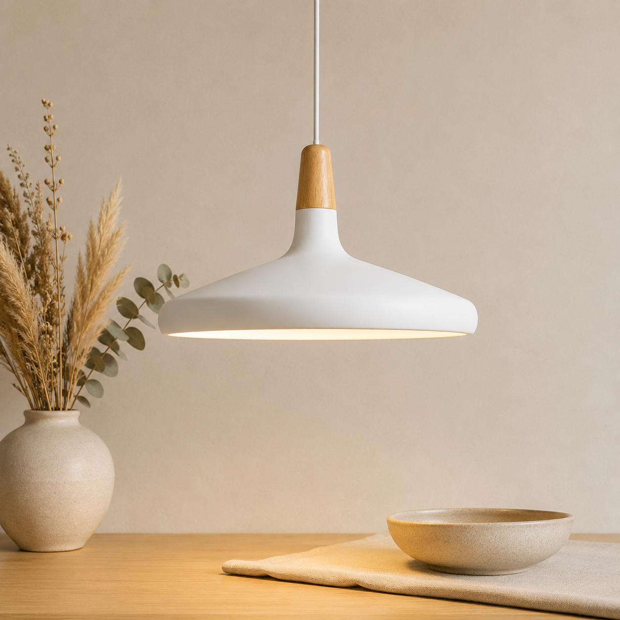 Scandi Wood Tone Top Cone Pendant Light Aluminium LED Ceiling Light | Ormexis