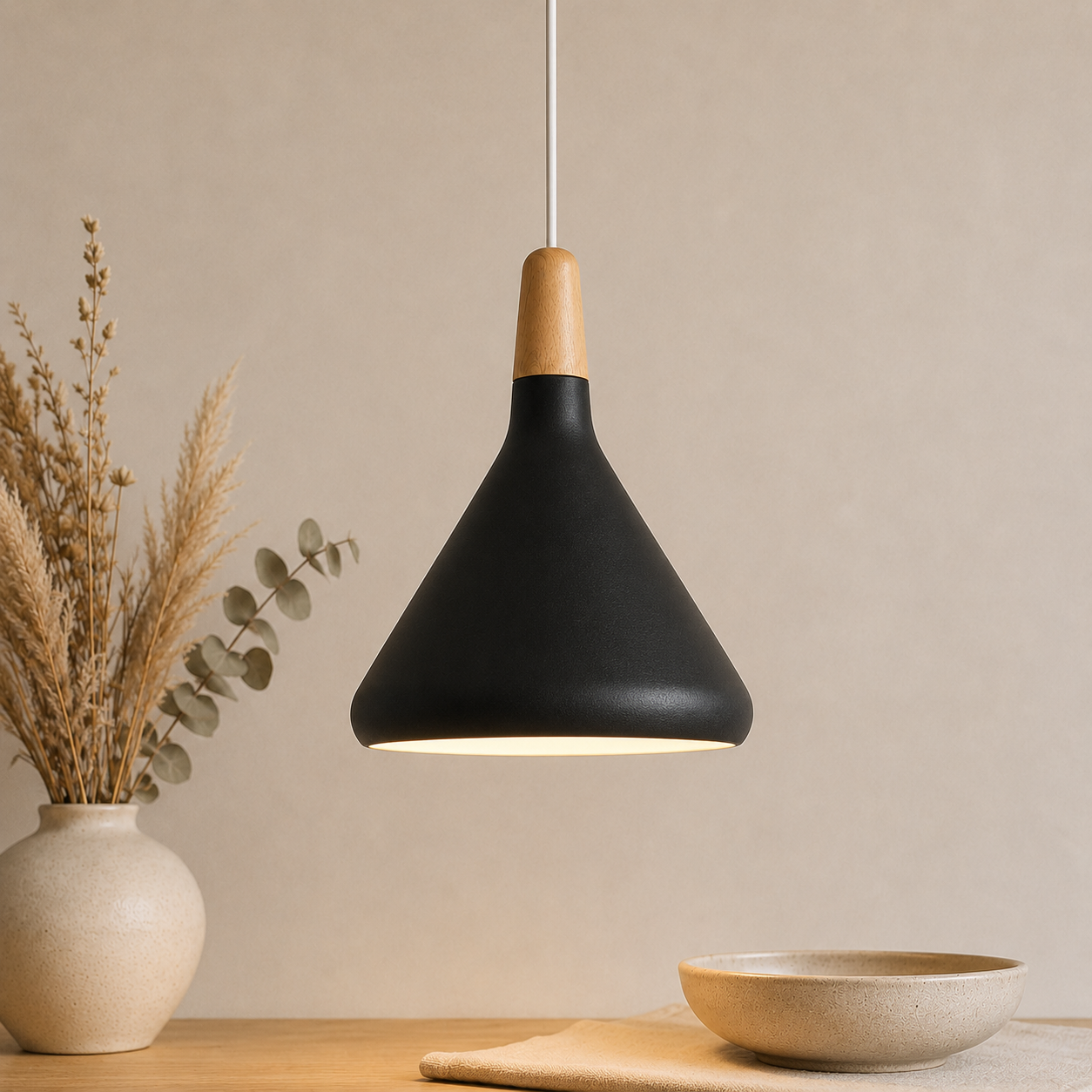 Scandi Wood Tone Top Cone Pendant Light Aluminium LED Ceiling Light | Ormexis