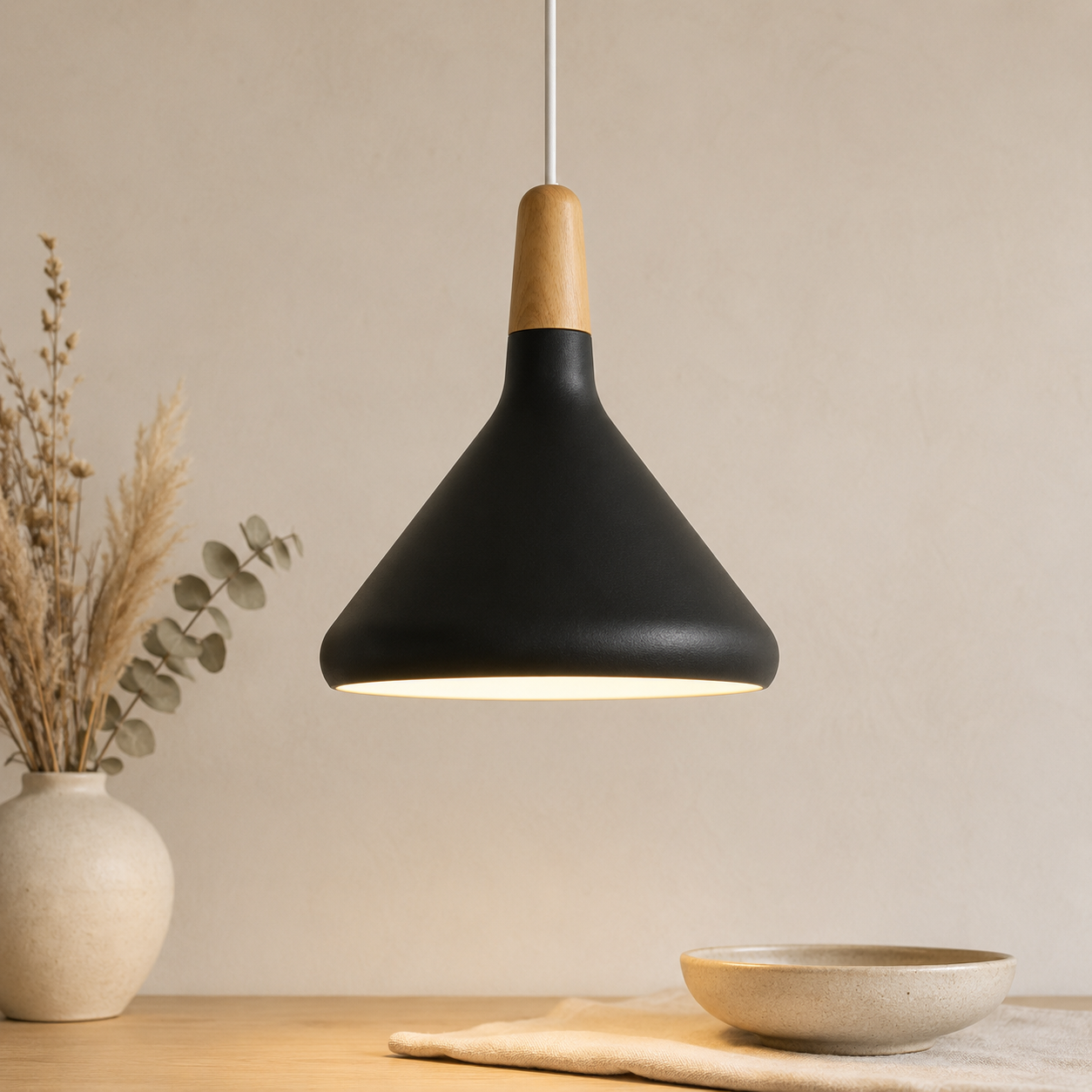Scandi Wood Tone Top Cone Pendant Light Aluminium LED Ceiling Light | Ormexis