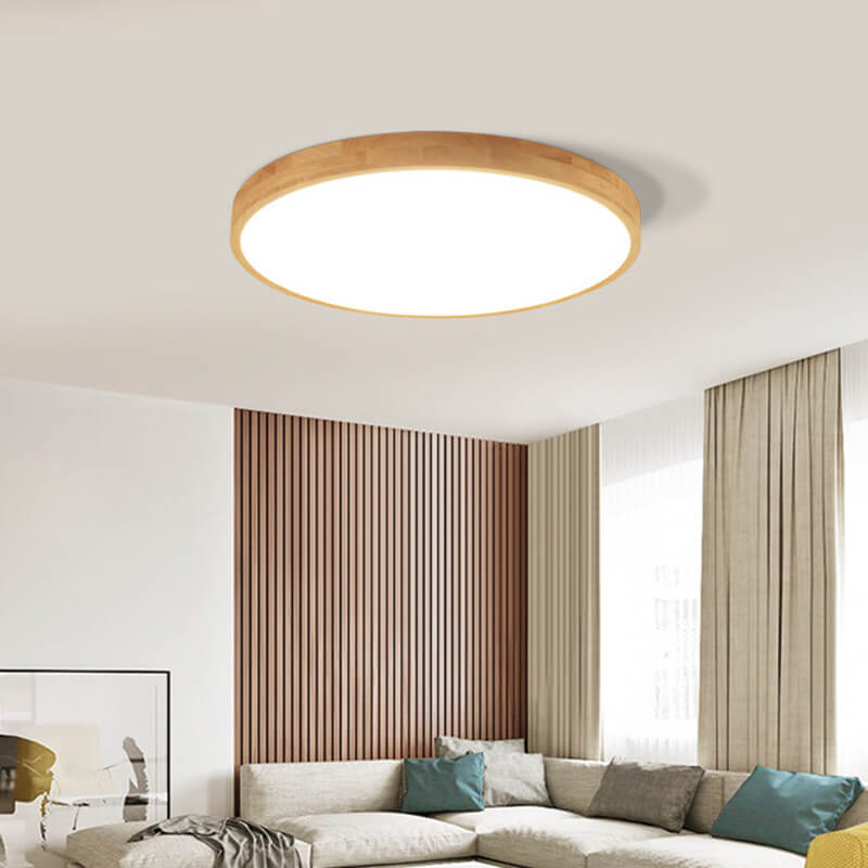 Candeeiro de teto LED escandinavo redondo, ultrafino, em madeira natural, de montagem saliente | Ormexis