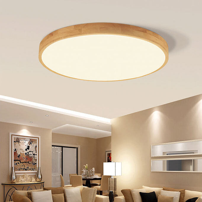 Candeeiro de teto LED escandinavo redondo, ultrafino, em madeira natural, de montagem saliente | Ormexis
