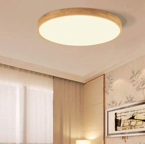 Candeeiro de teto LED escandinavo redondo, ultrafino, em madeira natural, de montagem saliente | Ormexis