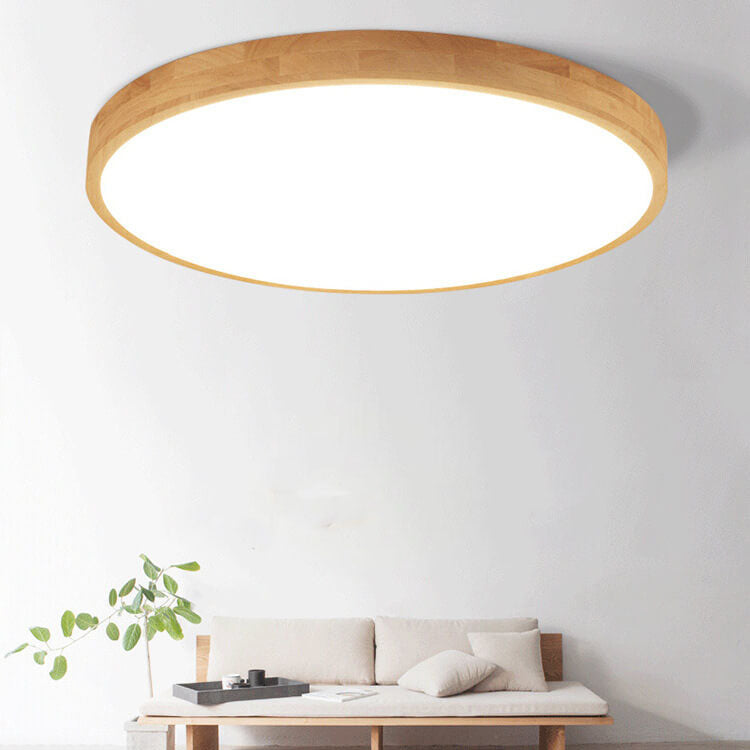 Candeeiro de teto LED escandinavo redondo, ultrafino, em madeira natural, de montagem saliente | Ormexis