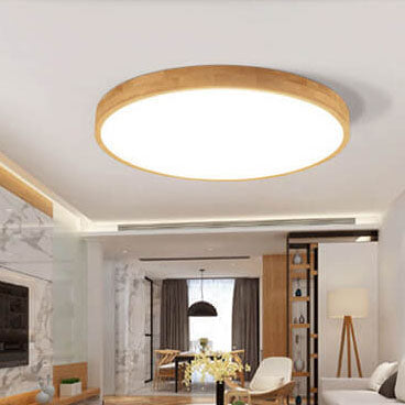 Candeeiro de teto LED escandinavo redondo, ultrafino, em madeira natural, de montagem saliente | Ormexis