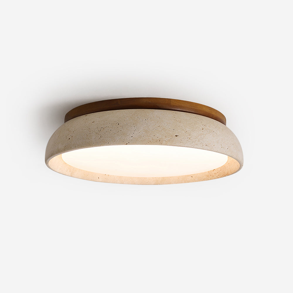 Travertine And Wood Round Flush Mount Ceiling Light Japandi Wabi Sabi | Ormexis