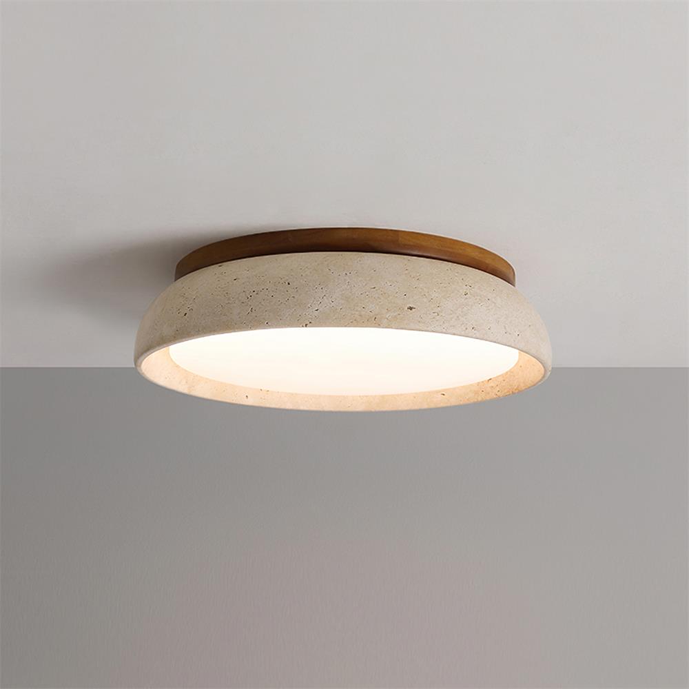 Travertine And Wood Round Flush Mount Ceiling Light Japandi Wabi Sabi | Ormexis
