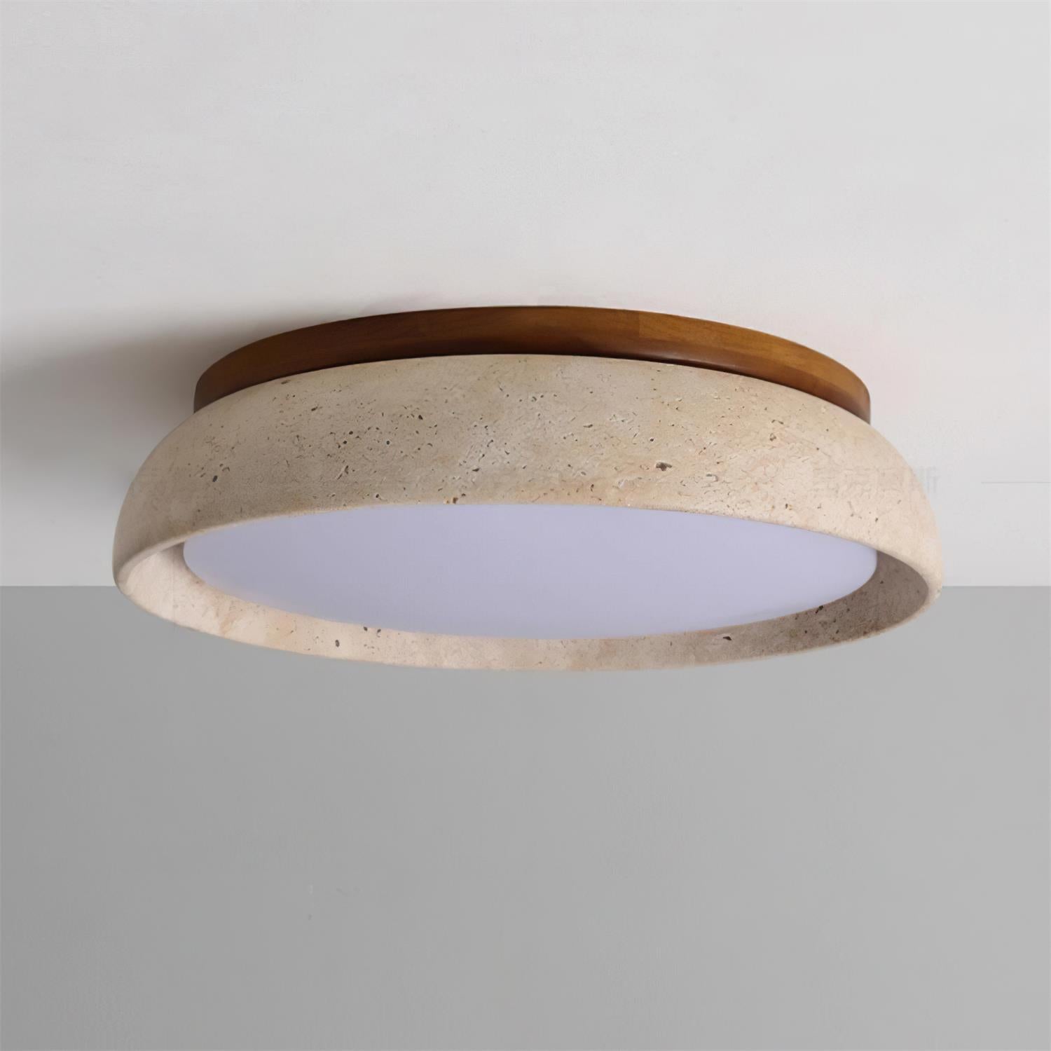 Travertine And Wood Round Flush Mount Ceiling Light Japandi Wabi Sabi | Ormexis