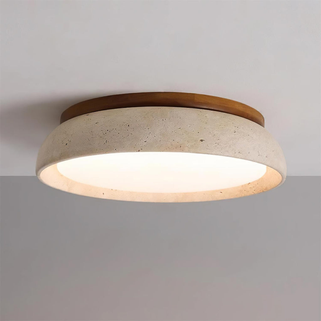 Travertine And Wood Round Flush Mount Ceiling Light Japandi Wabi Sabi | Ormexis