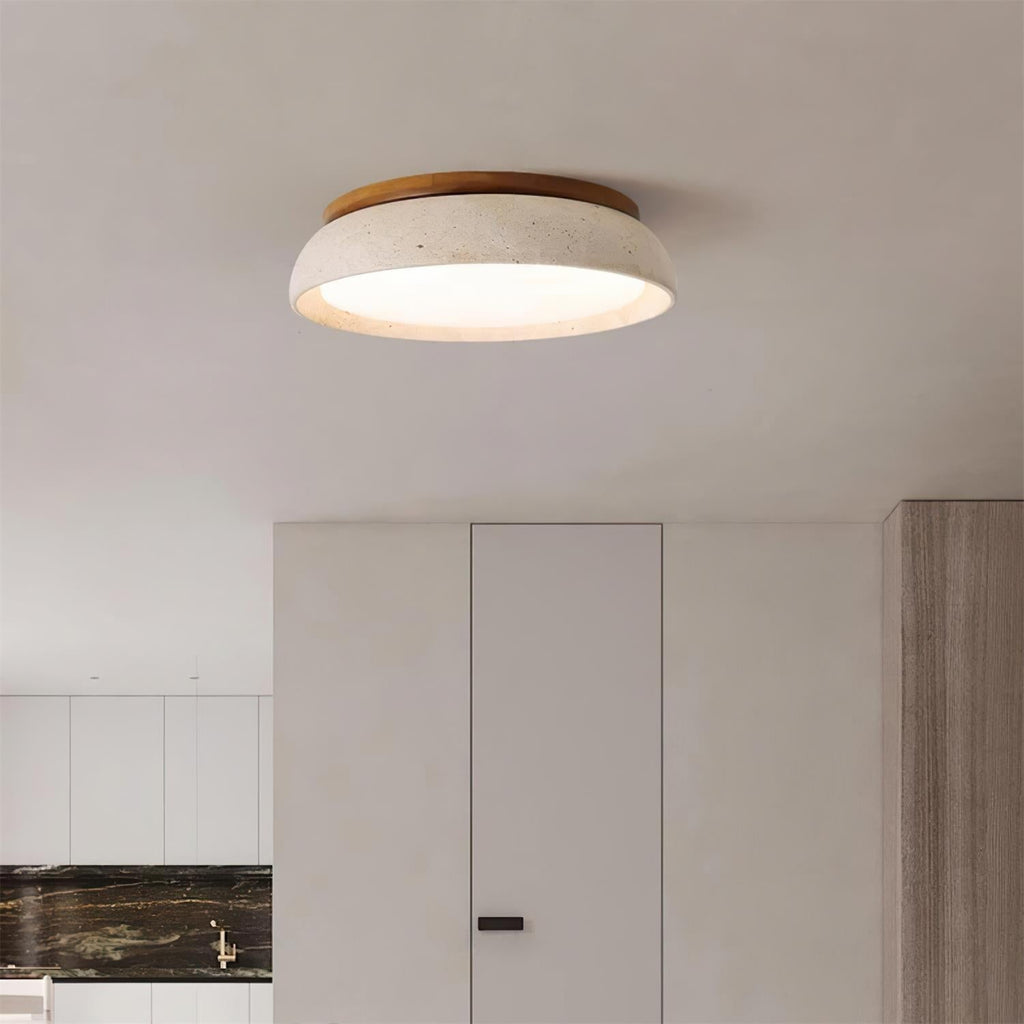 Travertine And Wood Round Flush Mount Ceiling Light Japandi Wabi Sabi | Ormexis