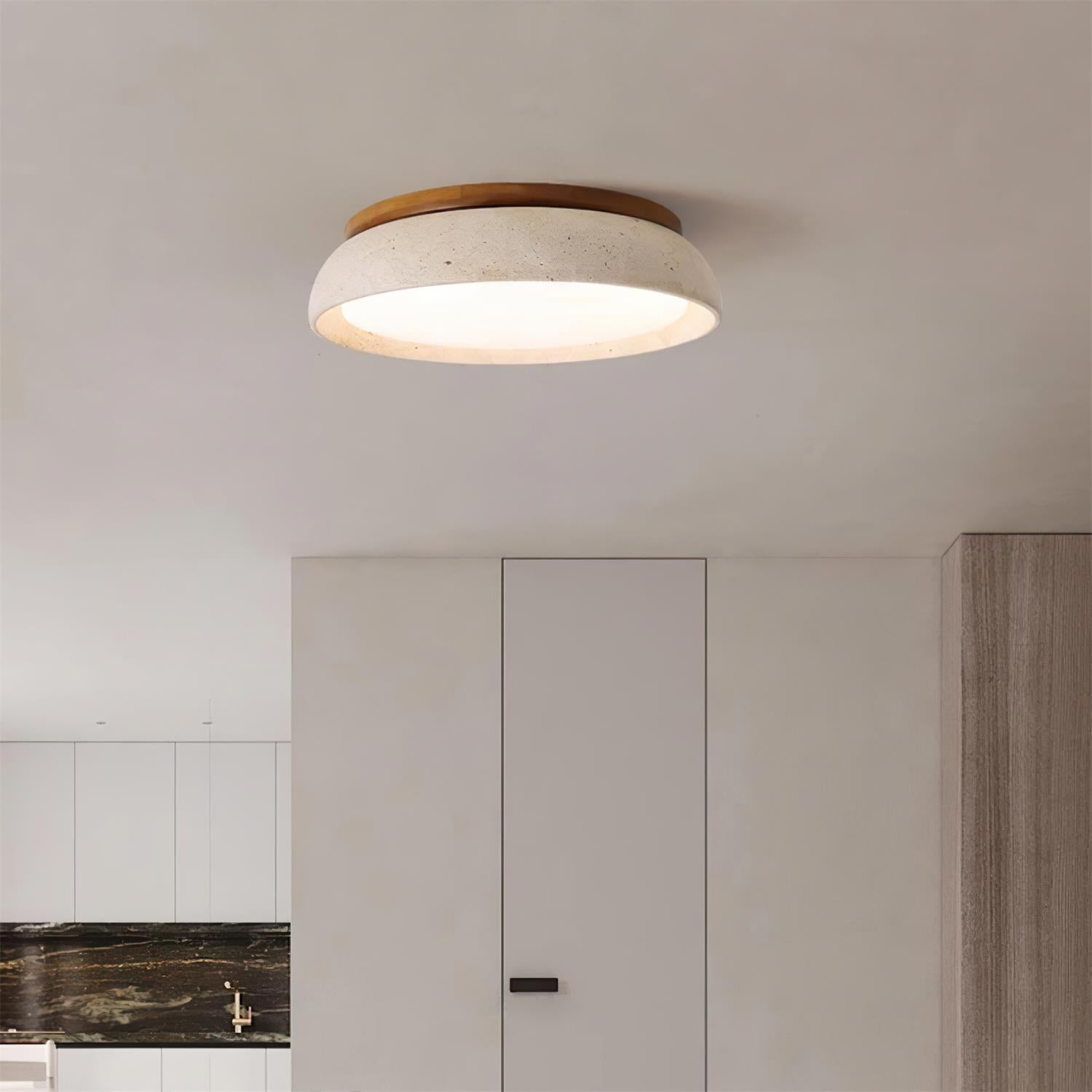 Travertine And Wood Round Flush Mount Ceiling Light Japandi Wabi Sabi | Ormexis