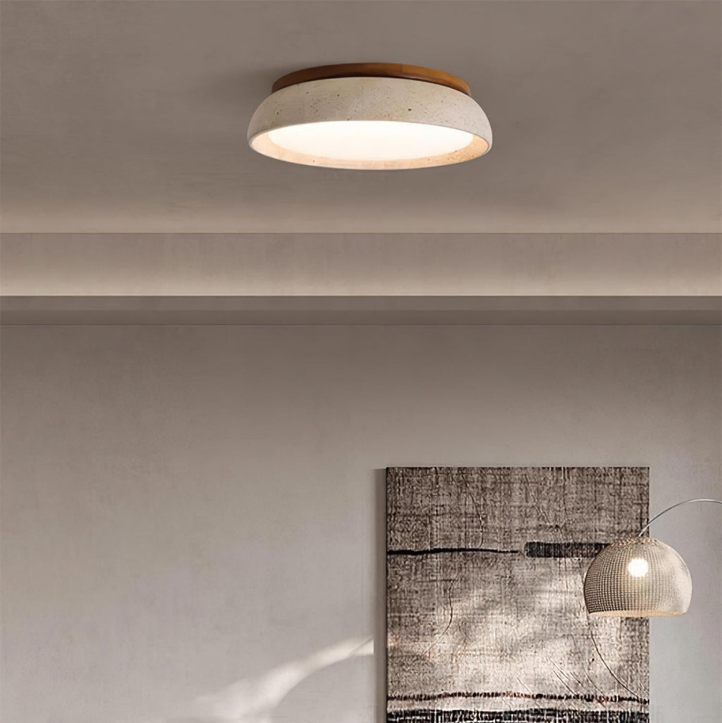 Travertine And Wood Round Flush Mount Ceiling Light Japandi Wabi Sabi | Ormexis