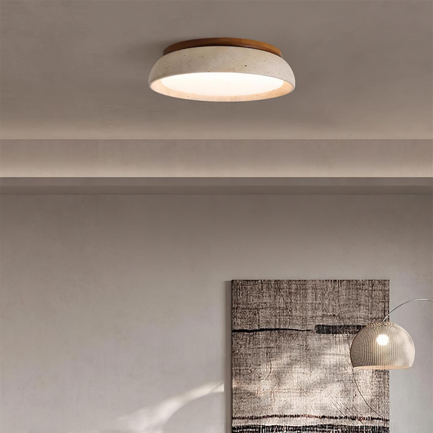 Travertine And Wood Round Flush Mount Ceiling Light Japandi Wabi Sabi | Ormexis