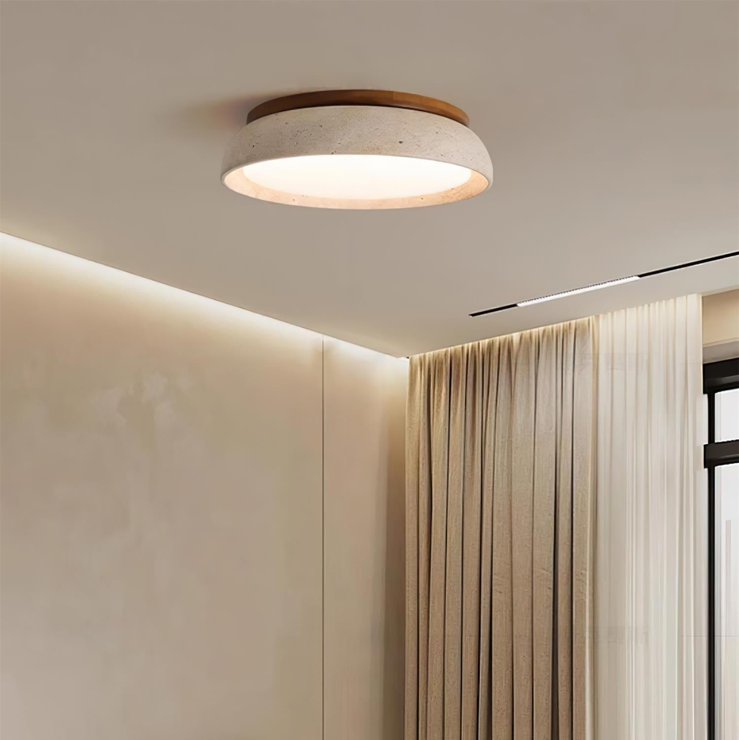 Travertine And Wood Round Flush Mount Ceiling Light Japandi Wabi Sabi | Ormexis
