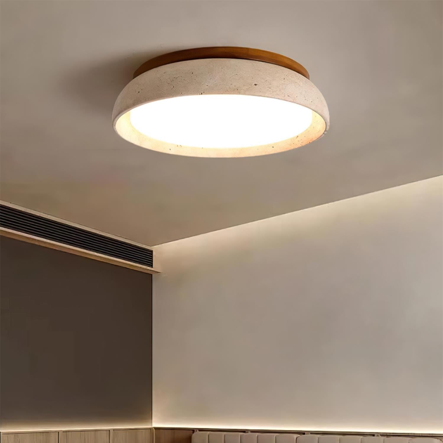 Travertine And Wood Round Flush Mount Ceiling Light Japandi Wabi Sabi | Ormexis