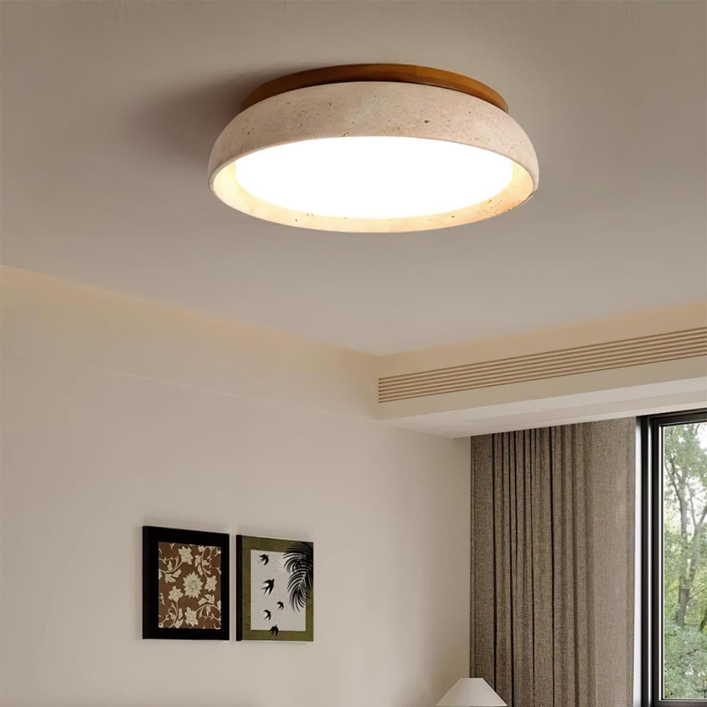 Travertine And Wood Round Flush Mount Ceiling Light Japandi Wabi Sabi | Ormexis