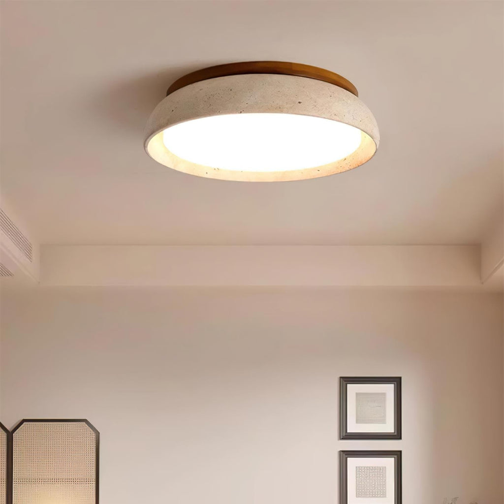 Travertine And Wood Round Flush Mount Ceiling Light Japandi Wabi Sabi | Ormexis