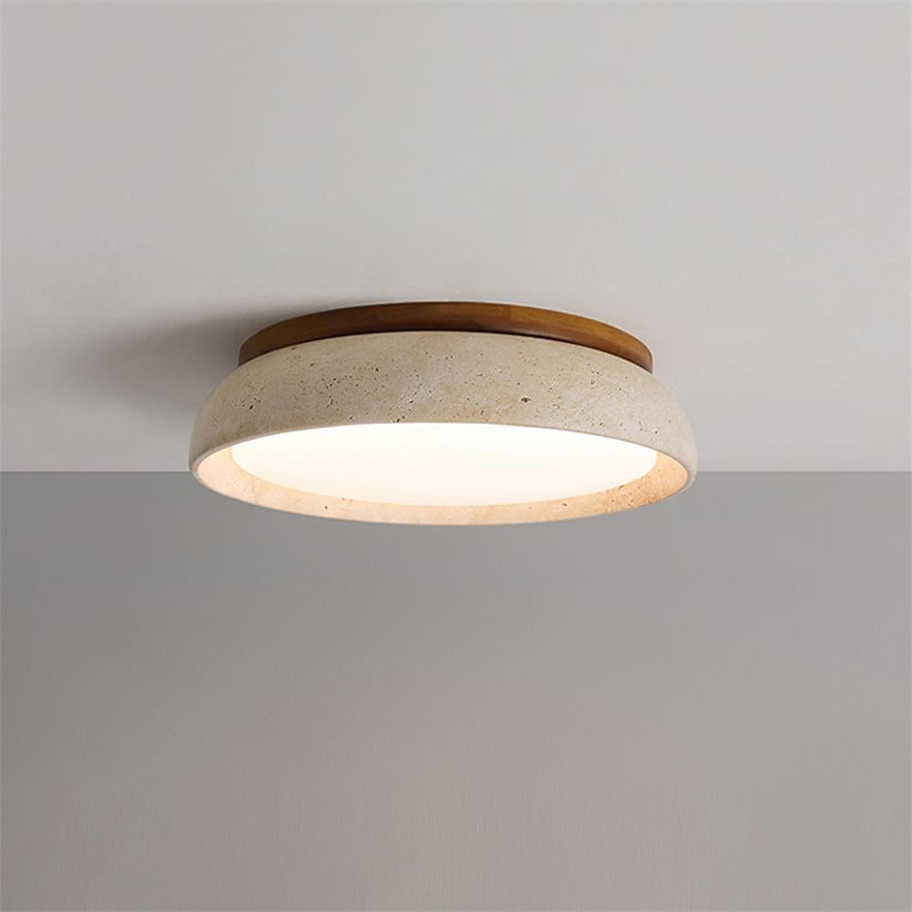 Travertine And Wood Round Flush Mount Ceiling Light Japandi Wabi Sabi | Ormexis