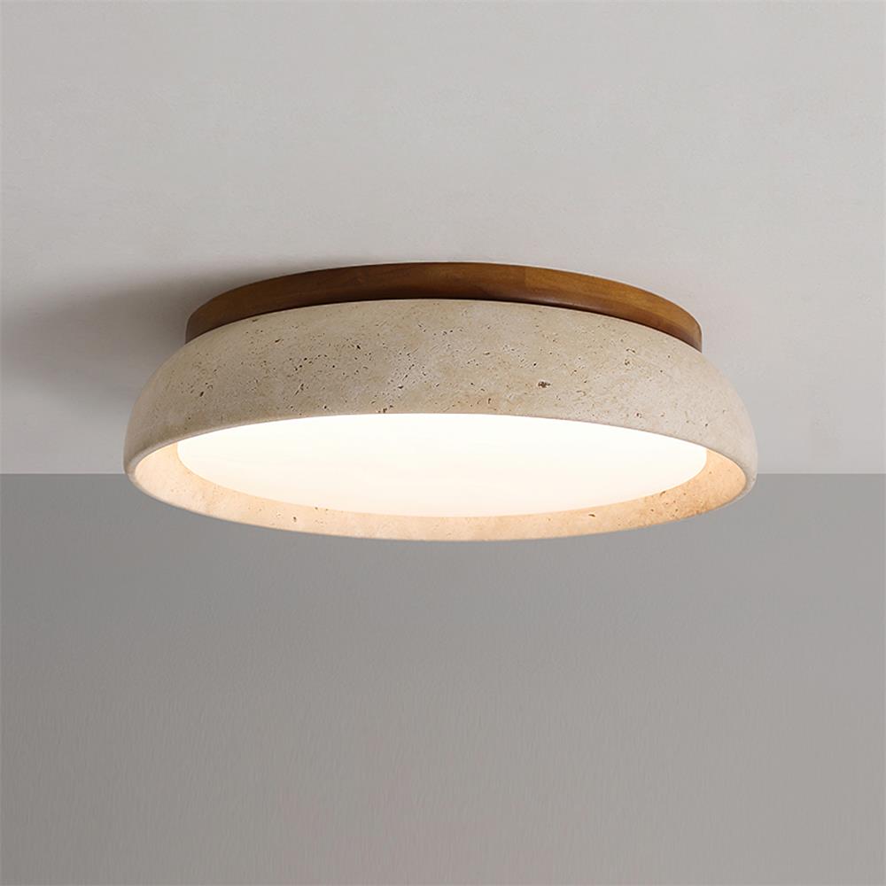 Travertine And Wood Round Flush Mount Ceiling Light Japandi Wabi Sabi | Ormexis