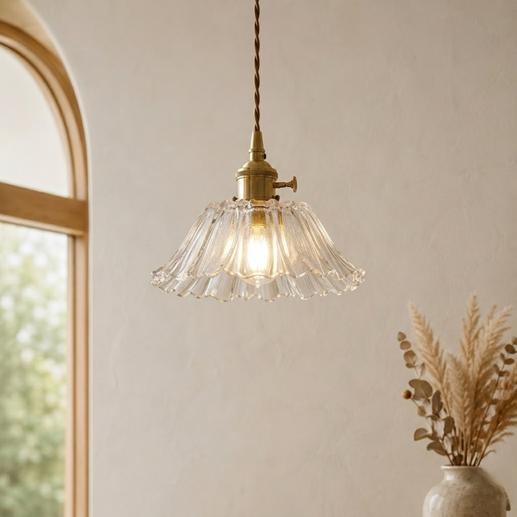 Vintage-LED-Pendelleuchte aus geriffeltem Blütenglas | Ormexis