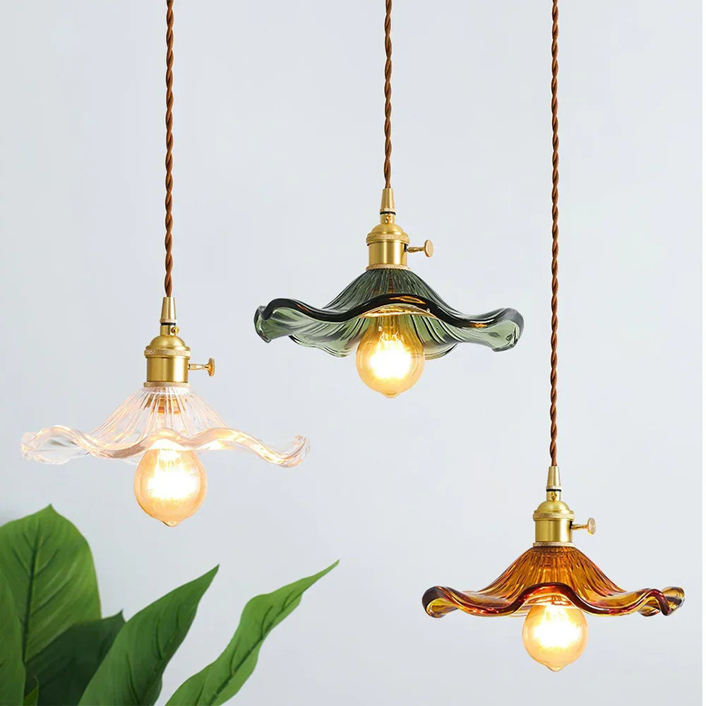 Vintage Scalloped Tinted Glass Pendant Light Copper Fitting Retro Ceiling Light | Ormexis