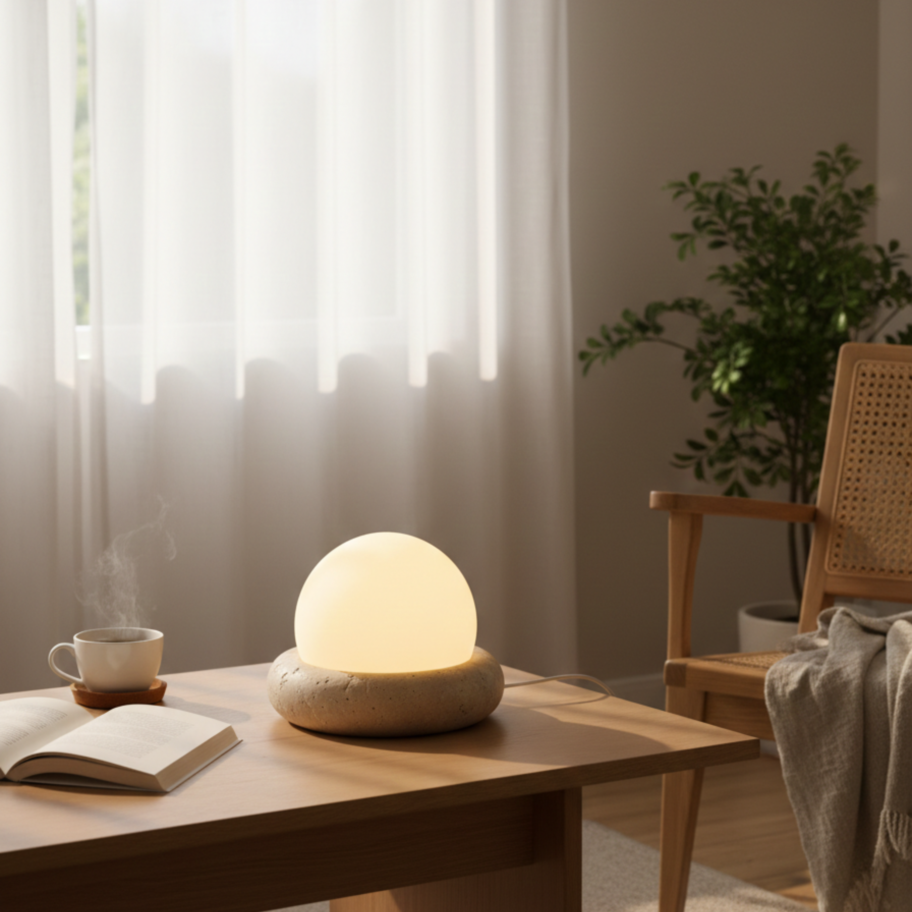Wabi Sabi Travertine Stone Table Lamp White Glass Globe Bedside Lamp | Ormexis