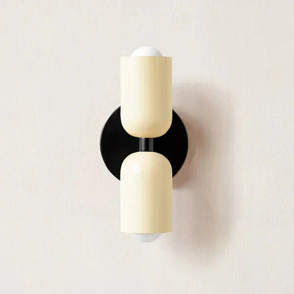 Aplique de parede cilíndrico em metal branco e preto, com duas luzes, para cabeceira | Ormexis