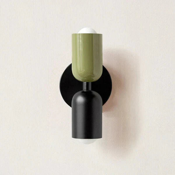 Aplique de parede cilíndrico em metal branco e preto, com duas luzes, para cabeceira | Ormexis