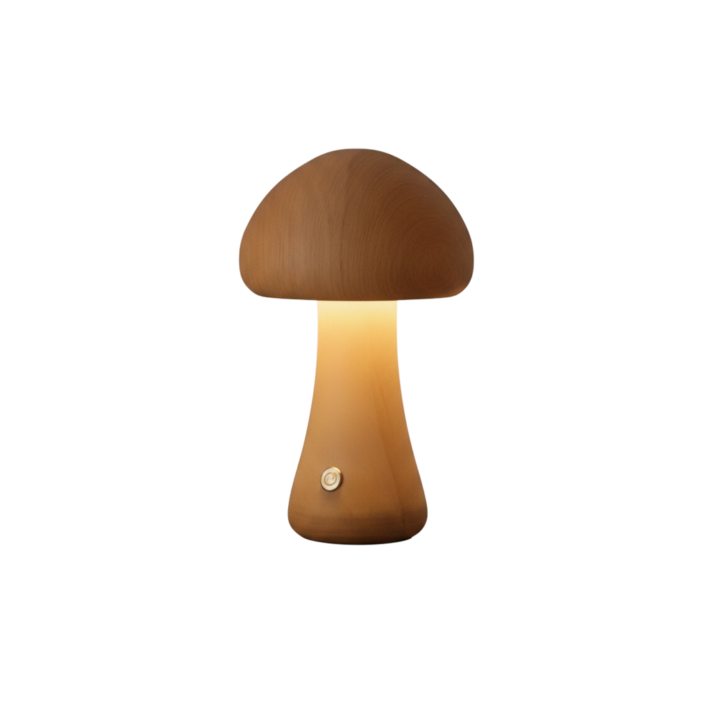 Dřevěná stolní lampa ve tvaru houby, dobíjecí bezdrátová LED lampa k posteli | Ormexis