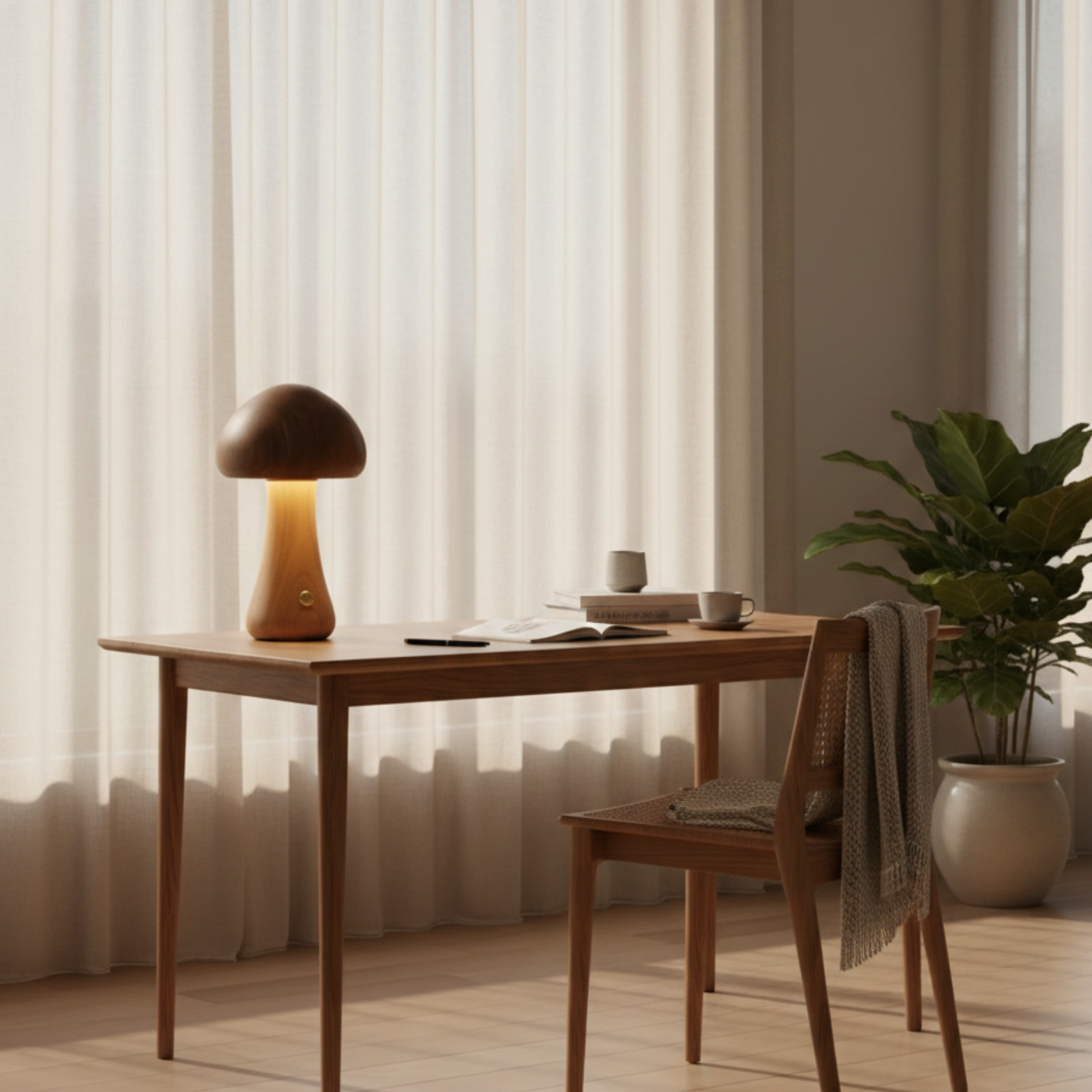 Dřevěná stolní lampa ve tvaru houby, dobíjecí bezdrátová LED lampa k posteli | Ormexis