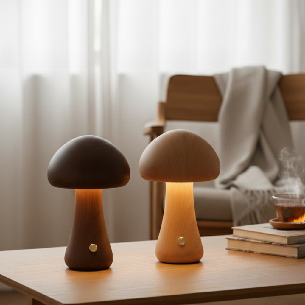 Dřevěná stolní lampa ve tvaru houby, dobíjecí bezdrátová LED lampa k posteli | Ormexis